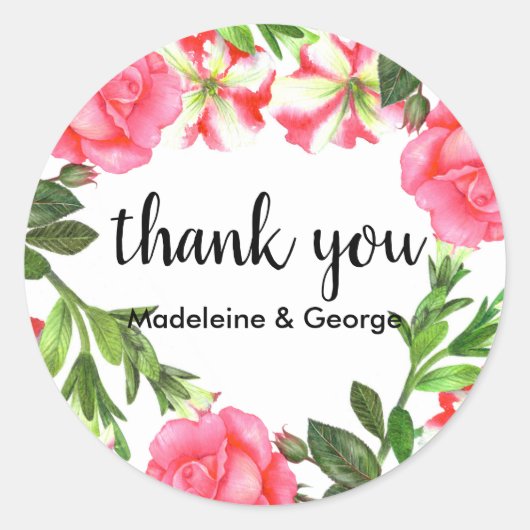 ウォーターカラーピンクフラワーズサークルリースモノグラム ラウンドシール (正面)