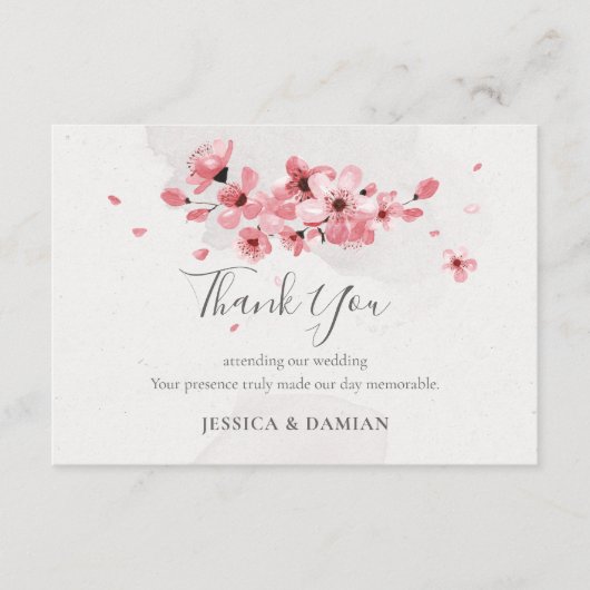 ウォーターカラーピンクフローラさくらんぼブ結婚ロッサムズ サンキューカード (正面)
