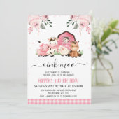 ウォーターカラーピンクフローラバーンファームアニマルズ誕生日 招待状 (スタンド正面)