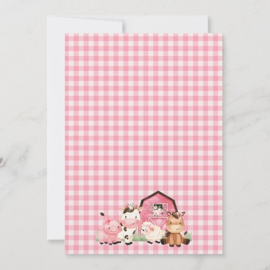 ウォーターカラーピンクフローラバーンファームアニマルズ誕生日 招待状 (裏面)