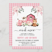 ウォーターカラーピンクフローラバーンファームアニマルズ誕生日 招待状 (正面/裏面)