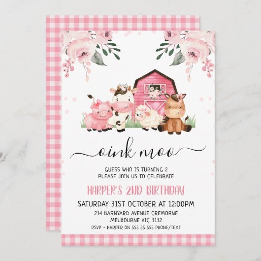 ウォーターカラーピンクフローラバーンファームアニマルズ誕生日 招待状 (正面/裏面)