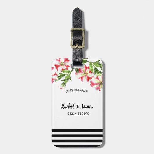 ウォーターカラーピンクホワイトペチュニアスフローライラストレーション ラゲッジタグ (正面縦)