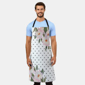 ウォーターカラーピンクホワイトローズ白黒水玉模様 エプロン (着用した状態)