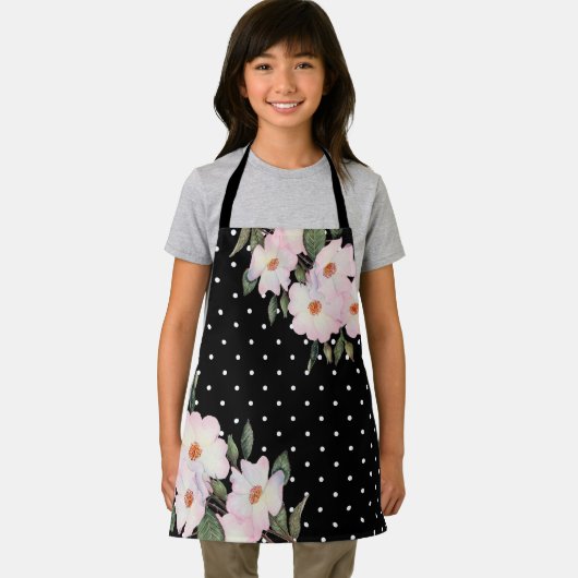 ウォーターカラーピンクホワイトローズ白黒水玉模様 エプロン (インサイチュ)