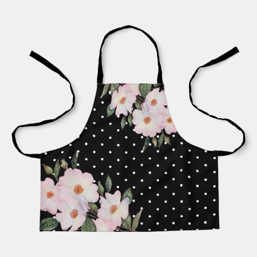 ウォーターカラーピンクホワイトローズ白黒水玉模様 エプロン (正面)