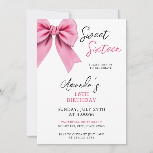 ウォーターカラーピンクボウシック甘い16誕生日 招待状 (正面)