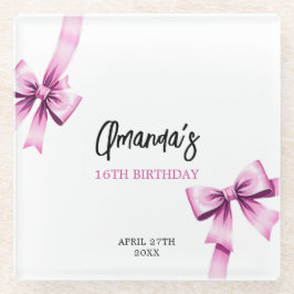 ウォーターカラーピンクボウズコケットスウィート16誕生日 ガラスコースター