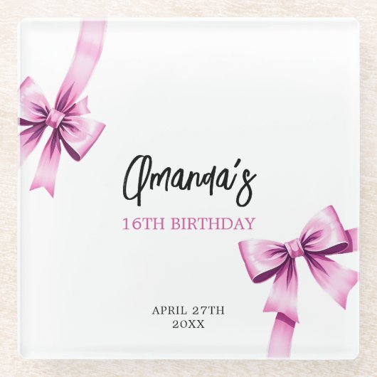 ウォーターカラーピンクボウズコケットスウィート16誕生日 ガラスコースター (正面)