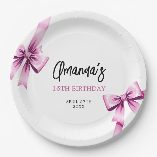 ウォーターカラーピンクボウズコケットスウィート16誕生日 ペーパープレート (正面)