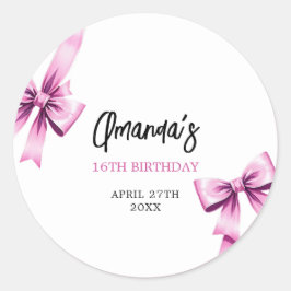 ウォーターカラーピンクボウズコケットスウィート16誕生日 ラウンドシール