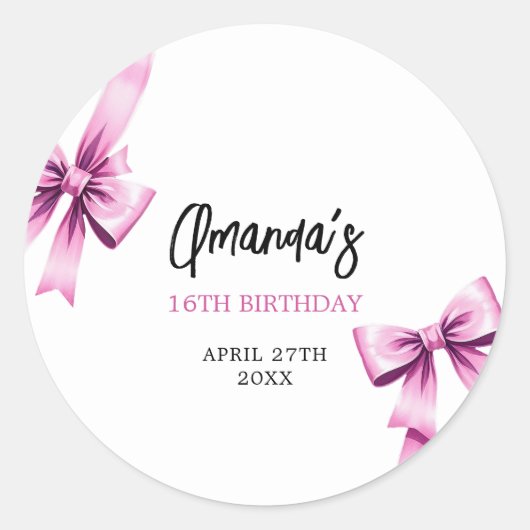ウォーターカラーピンクボウズコケットスウィート16誕生日 ラウンドシール (正面)