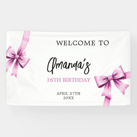 ウォーターカラーピンクボウズコケットスウィート16誕生日 横断幕 (横)