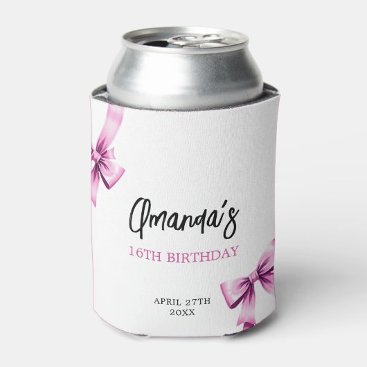 ウォーターカラーピンクボウズコケットスウィート16誕生日 缶クーラー (缶正面)