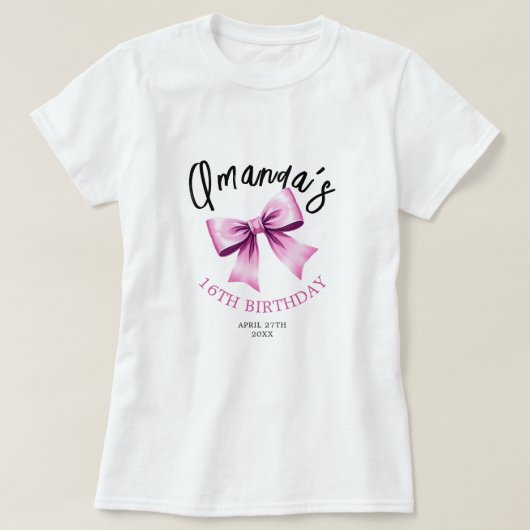 ウォーターカラーピンクボウズコケットスウィート16誕生日 Tシャツ (デザイン正面)