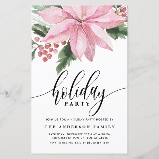 ウォーターカラーピンクポインセティアホリデイ招待状 (正面)