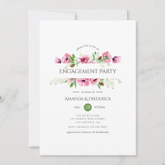 ウォーターカラーピンクポピー婚約パーティ 招待状 (正面)