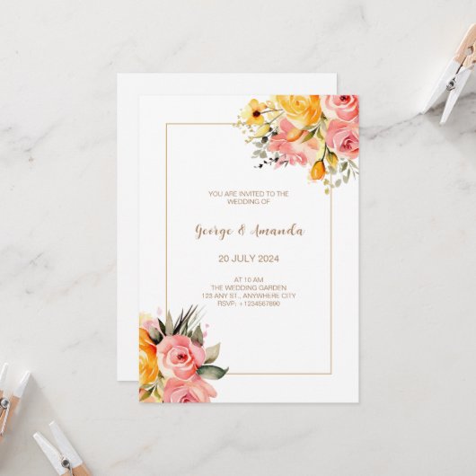 ウォーターカラーピンクレモネード結婚式招待状 招待状 (正面/裏面インサイチュ)