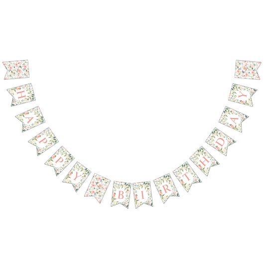 ウォーターカラーピンクローズグリーンリーハッピーバースデー バンティングフラッグ (全)