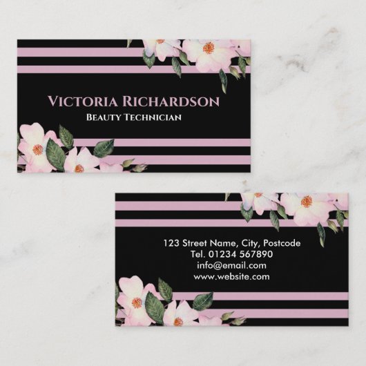 ウォーターカラーピンクローズバレリーナフローラストライプ 名刺 (正面/裏面)