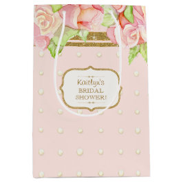 ウォーターカラーピンクローズパールブーケブライダルシャワー ミディアムペーパーバッグ