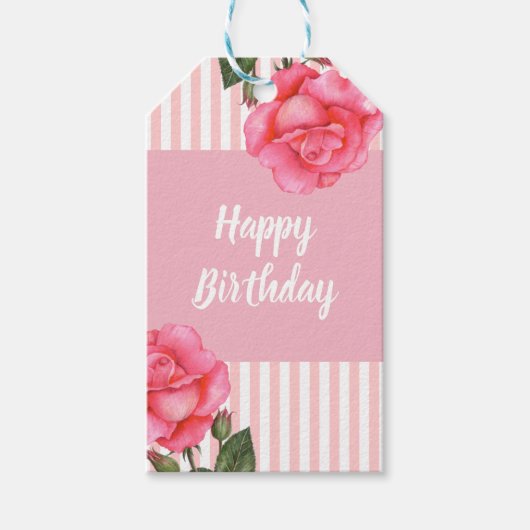ウォーターカラーピンクローズフローラアートハッピーバースデー ギフトタグ (正面)