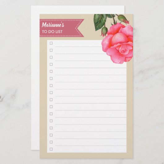 ウォーターカラーピンクローズフローラトゥドゥリスト 便箋 (正面/裏面)