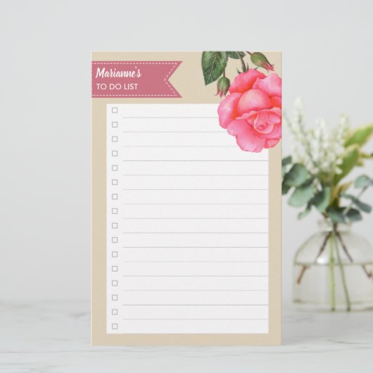 ウォーターカラーピンクローズフローラトゥドゥリスト 便箋 (スタンド正面)