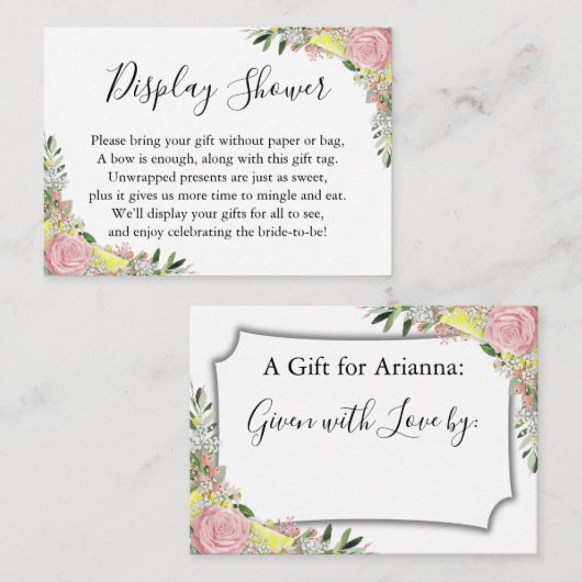 ウォーターカラーピンクローズレモンズディスプレイブライダルシャワー エンクロージャーカード (正面/裏面)