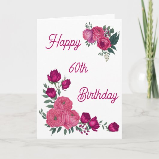 ウォーターカラーピンクローズ春ブーケ60誕生日 カード (正面)