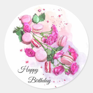 ウォーターカラーピンクローズ&フランスのマカロン誕生日 ラウンドシール