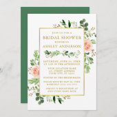 ウォーターカラーピンクローゼズグリーンリーブライダルシャワー金ゴールド 招待状 (正面/裏面)