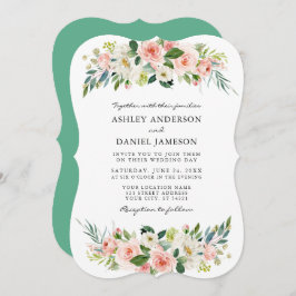 ウォーターカラーピンク赤面フローラエレガントネオミント 招待状