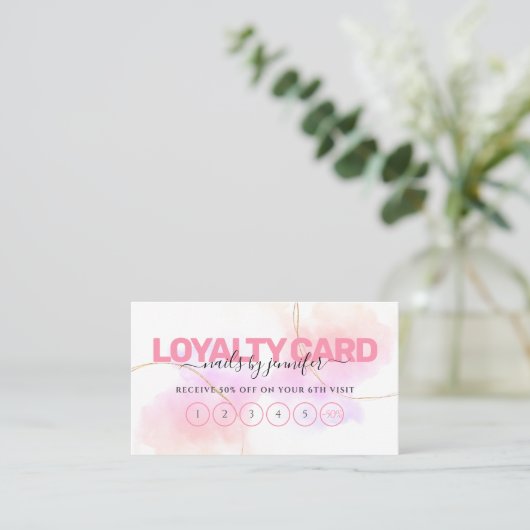 ウォーターカラーピンク金ゴールドシック爪、 ネイル美しいサロン ロイヤリティカード (スタンド正面)