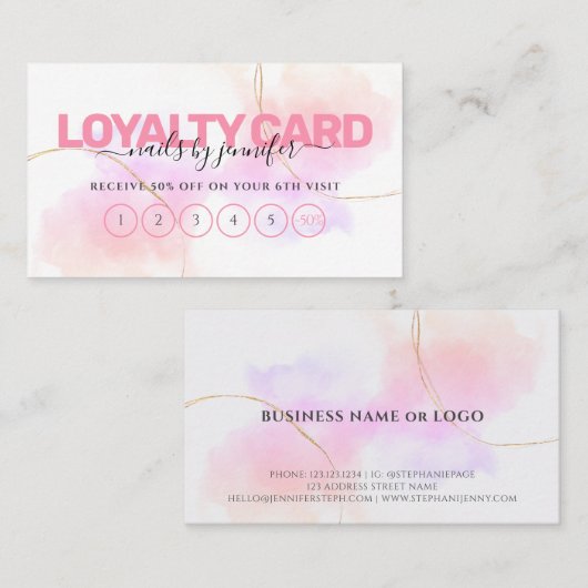 ウォーターカラーピンク金ゴールドシック爪、 ネイル美しいサロン ロイヤリティカード (正面/裏面)