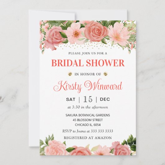 ウォーターカラーピンク&レッドローズブライダルシャワー 招待状 (正面)