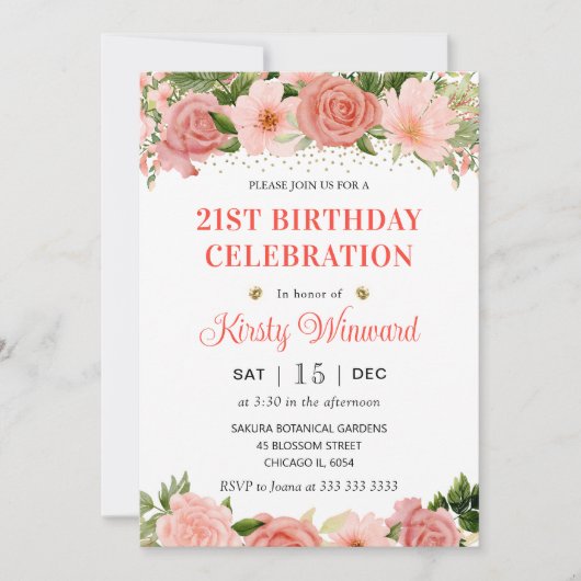 ウォーターカラーピンク&レッドローズ誕生日 招待状 (正面)