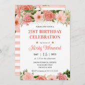 ウォーターカラーピンク&レッドローズ誕生日 招待状 (正面/裏面)