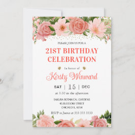 ウォーターカラーピンク&レッドローズ誕生日 招待状