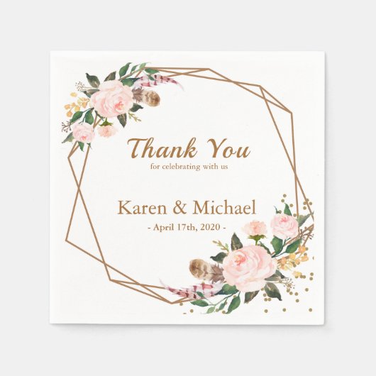 ウォーターカラーピンク&金ゴールドボホシックフローラ結婚ズ スタンダードカクテルナプキン (正面)