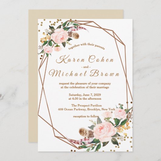 ウォーターカラーピンク&金ゴールドボホシックフローラ結婚ズ 招待状 (正面/裏面)