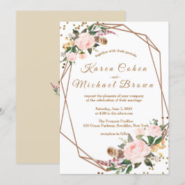 ウォーターカラーピンク&金ゴールドボホシックフローラ結婚ズ 招待状