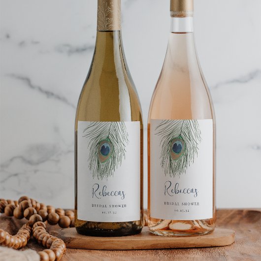 ウォーターカラーピーコックフェザーブライダルシャワーの好意 ワインラベル