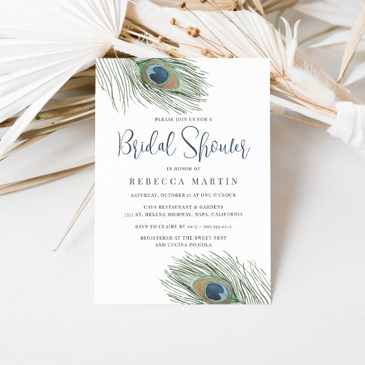 ウォーターカラーピーコックフェザーブライダルシャワー 招待状
