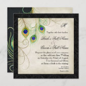 ウォーターカラーピーコックフェザーブラックダマスク招待状 招待状 (正面/裏面)