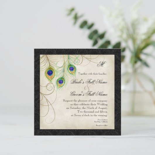 ウォーターカラーピーコックフェザーブラックダマスク招待状 招待状 (スタンド正面)