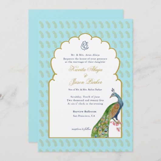 ウォーターカラーピーコック&ガネーシュ結婚式招待状 招待状 (正面/裏面)
