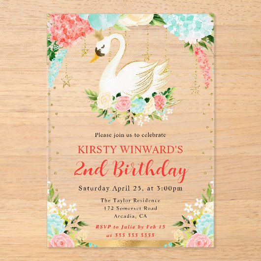 ウォーターカラーピーチアンドミントフラワーズスワン誕生日 アクリル招待状 (正面)