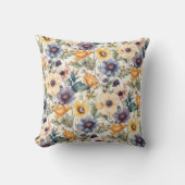 ウォーターカラーピーチオレンジパープルティール(緑がかった色)ブルー花模様 クッション (正面)