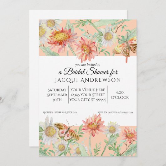 ウォーターカラーピーチコーラルホワイトフローラブライダルシャワー 招待状 (正面/裏面)